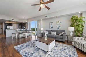 Another view of the living room to the dining and kitchen. 