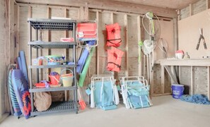 Storage room stocked with beach essentials.