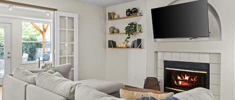 Welcoming den with smart tv- steaming all your favorites!