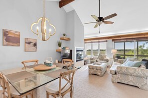 The dining area is on one end of the great room.