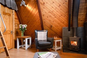 Wolf Lodge living room with log fire