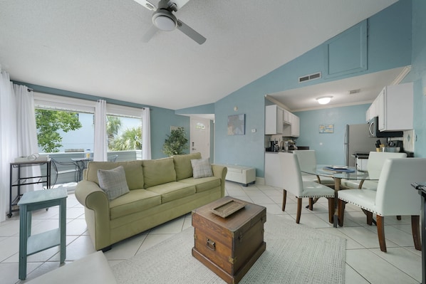 Spacious living room with sleeper sofa.