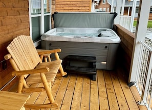 Private hot tub on the front porch