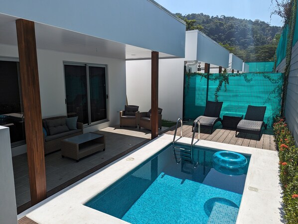 Private pool. 6 ft wide x11 ft long x 4.5 ft deep. Lounge bench in pool.