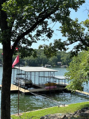 Large dock with boat parking on side