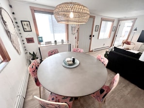 DIning room off the kitchen & living room, seats 6. Plus there are 3 barstools. 