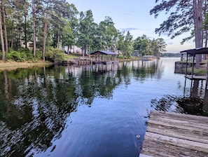 Around 10 - 15 ft. deep, depending on the lake levels.