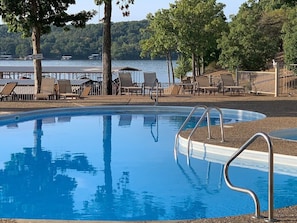 Pool With Large Lounging Area Overlooking the Lake of the Ozarks