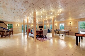 Brand new barn game room offers a ping pong table, arcade games, foosball, air hockey, poker table/bumper pool table, board games, basketball.