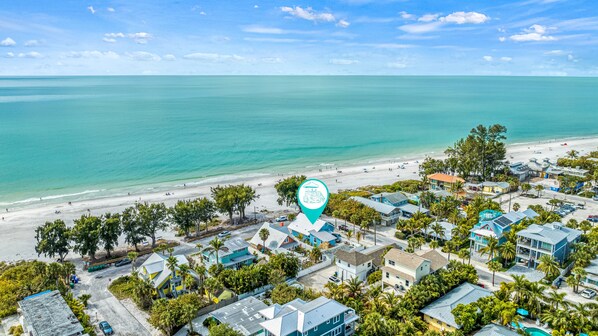 Aerial View with unit marked.  The Beach and Gulf at your door!