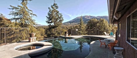 Pool & Spa on a deck with stunning views of Deadwood Mountain in the backdrop!