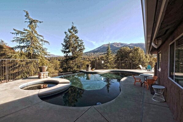 Pool & Spa on a deck with stunning views of Deadwood Mountain in the backdrop!