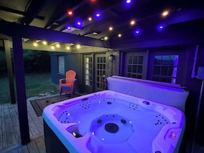Enjoy sunset vibes anytime of year with our new overhead lighting on the back deck.