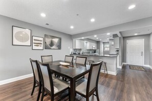 Dining room table, view of kitchen