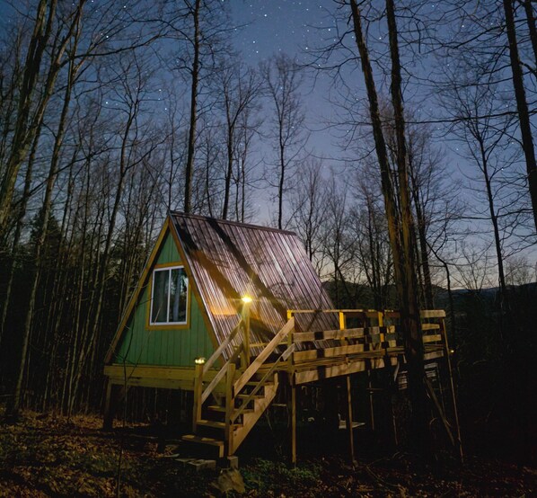 Front of the A-frame as night falls.
