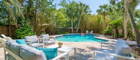 Heated saltwater pool  |  Lounge  |  Backyard oasis