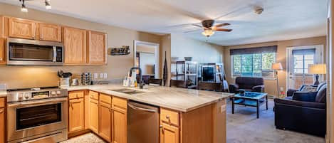 Luxury kitchen with new appliances and quartzite counters.