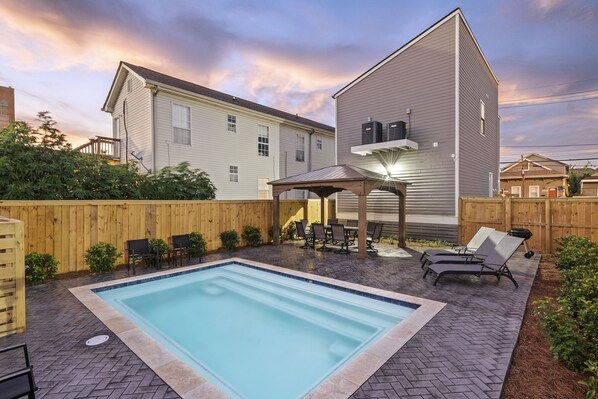 Pool Deck- heated pool, sun loungers, gazebo, ample seating, fully fenced in