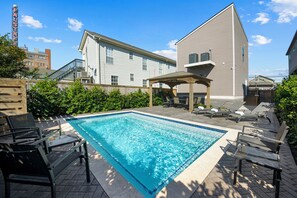 Pool Deck- heated pool, sun loungers, gazebo, ample seating, fully fenced in