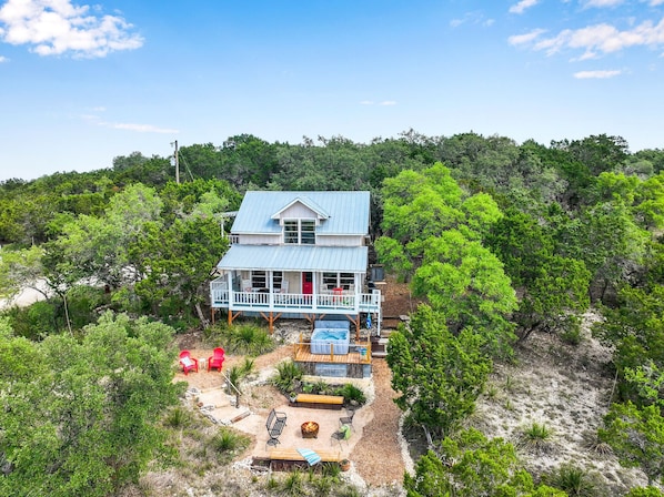 The aerial view of the rear of the property.