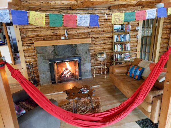 Living room, complete with large fireplace and hammock