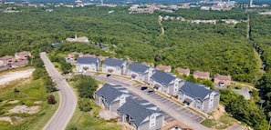 View from the sky of our complex. The Strip across the valley lights up at night