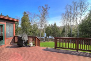 Large deck with gas grill and views of Dodge Pond