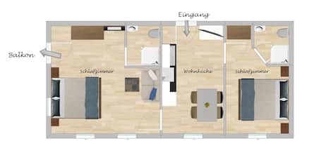 Ferienwohnung Schnappen 65qm, mit 2 Schlafzimmern und Balkon-Grundriss FeWo Schnappen