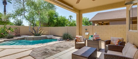 Sparkling Pool with tranquil water feature. Perfect for your morning coffee!