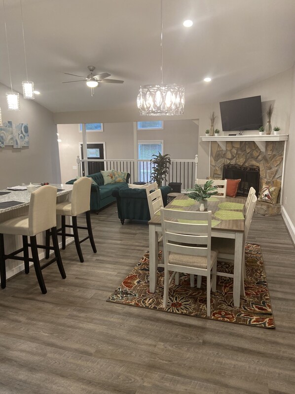 Kitchen, dining and family room. Open floor plan.