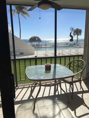 Balcony screened for comfort & has a great view of LRG, heated pool and beach