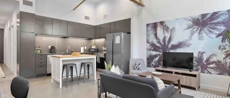 Cypress Flats Apartment B, kitchen & living area