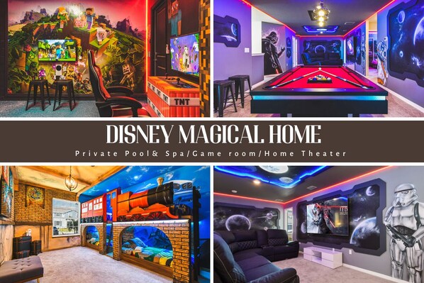 Step into a Disney-inspired wonderland! Featuring a private pool and spa, a game room, and a luxurious home theater, this villa is perfect for creating unforgettable family memories.
