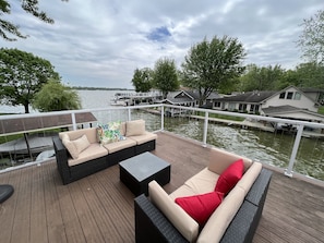Comfortable seating on the second level of the dock.