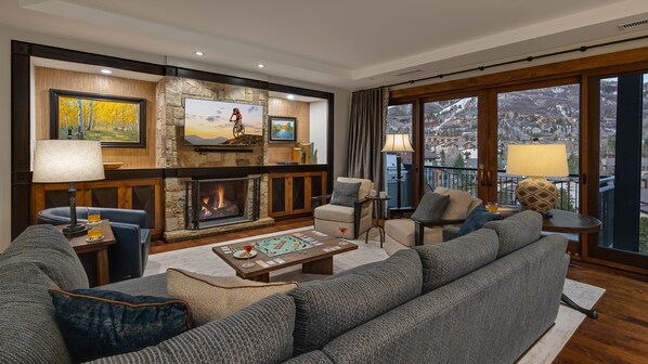 Great room with fireplace and views