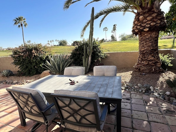 Back patio with beautiful golf view