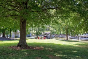 Large backyard with gentle slope to lake