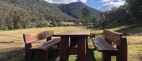 Outdoor seating near the BBQ area.