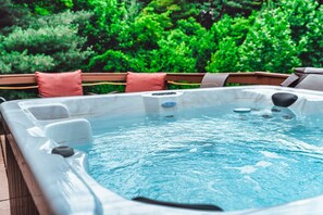 Take a dip in the hot tub on the back patio.