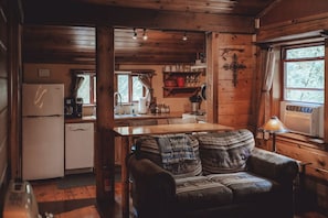Kitchen & couch in your cozy couples cabin