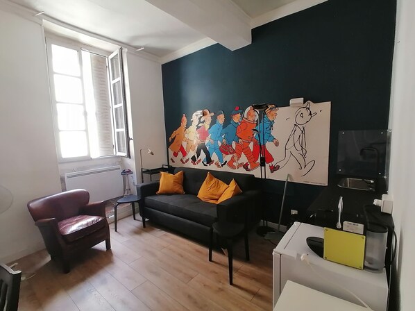 Confortable sitting room with large double sofa bed
