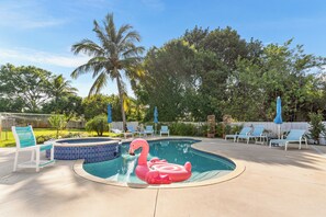 We have plenty of pool floats and toys to enjoy in the pool.