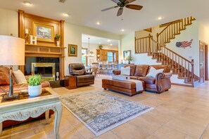 Living Room | 1st Floor | Central A/C & Heating | Wood-Burning Fireplace