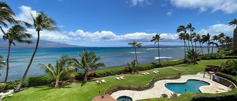 Incredible panoramic ocean views with Haleakala, Kihei, Wailea, Molokini, and Kahoolawe in the background. Perfect vantage point and front row seats to watch whales give birth, nurse their babies, and play in the calm shallow waters of Maalaea Bay.