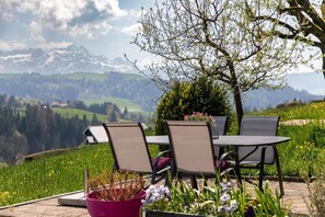 Seating area with a view of the Alpstein