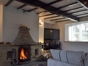 Cosy living room with open fire | Boundary Cottage, Old Whittington, near Chesterfield