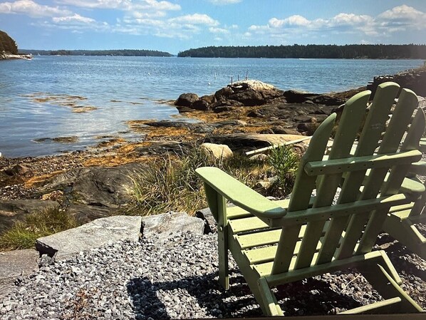 Adirondack chairs overlook the private rocky cove, explore the tidepools!