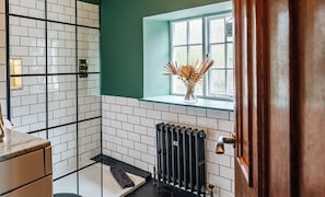 Stylish bathroom with large walk-in shower