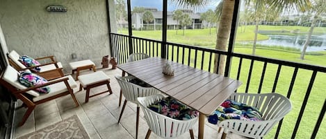 screened lanai with lagoon view