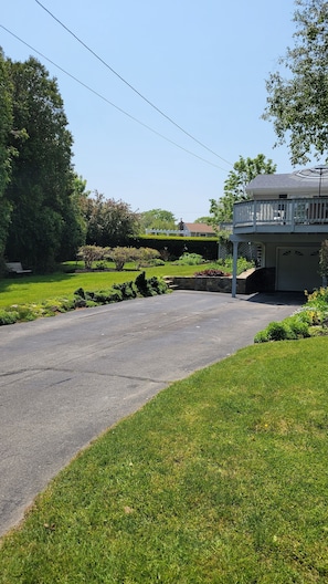 Large side yard with privacy hedges